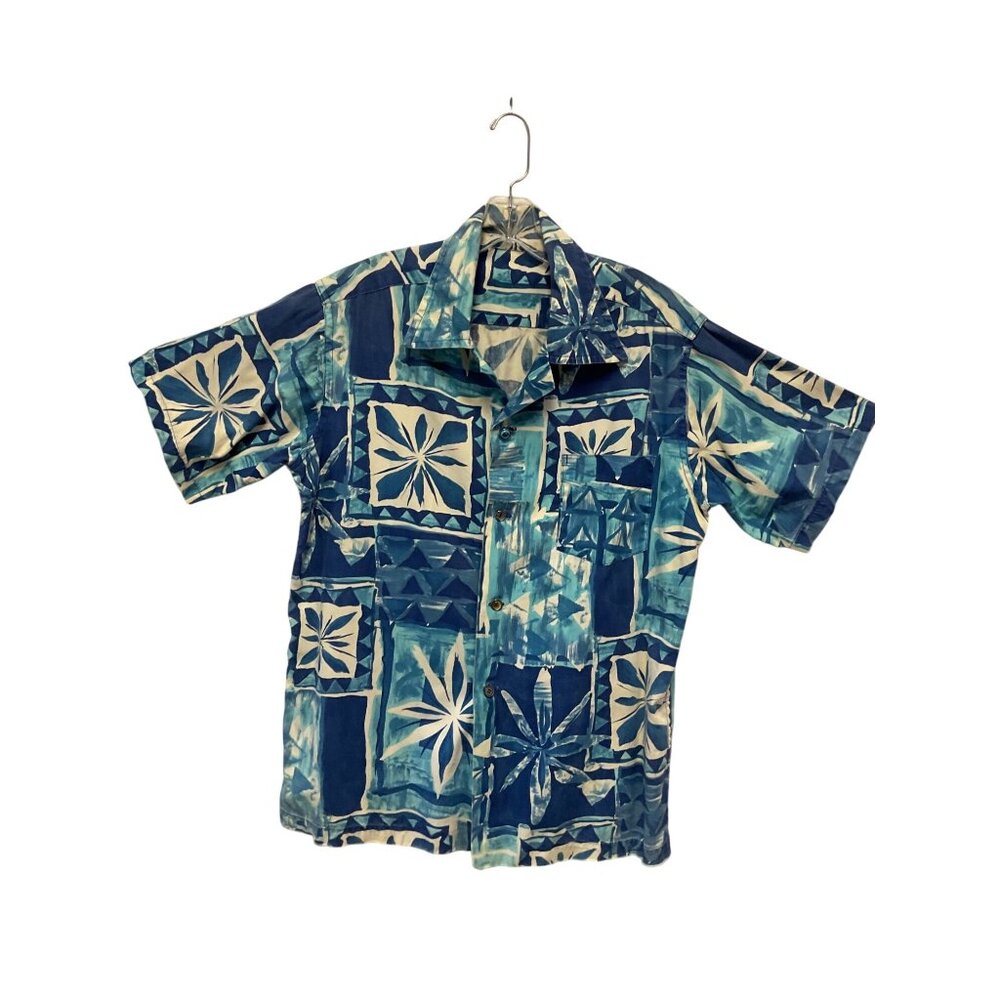 Vintage Mens Hawaiian Shirt Blue & White Floral Print Short Sleeve Button-Up Cot